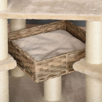 PAWROOM - Rattan -Raapimistolppa Kiipeilypuukissa Kissaluolalla Monikerroksinen Kissapuu E1 Mdf Sisal Beige+Ruskea 55 X 55 X 174 Cm