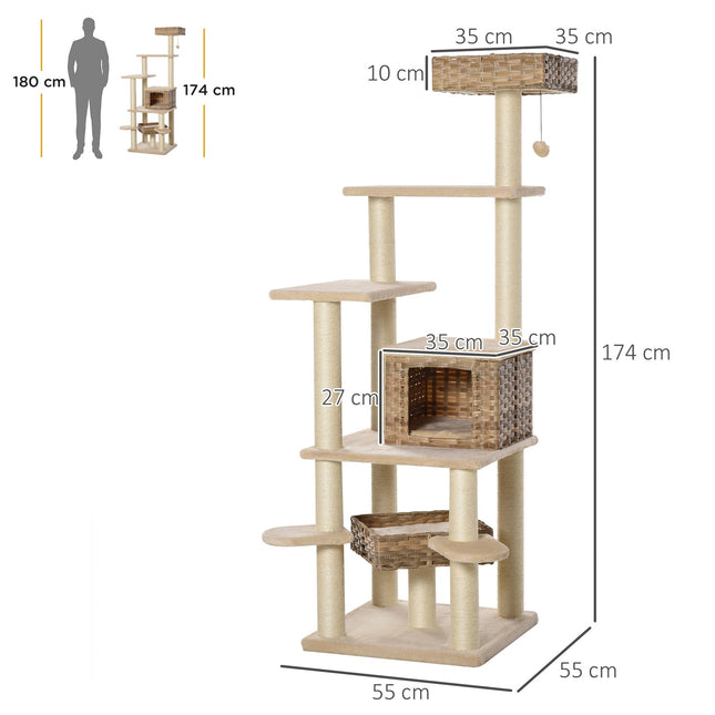 PAWROOM - Rattan -Raapimistolppa Kiipeilypuukissa Kissaluolalla Monikerroksinen Kissapuu E1 Mdf Sisal Beige+Ruskea 55 X 55 X 174 Cm