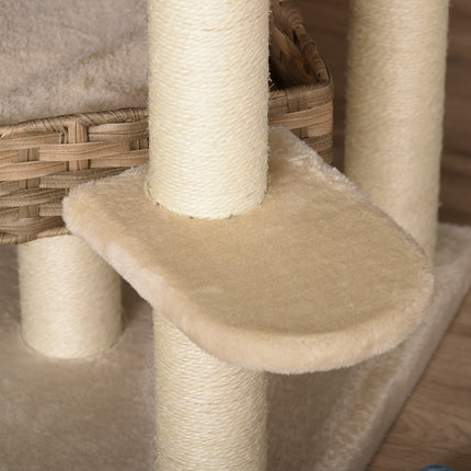 PAWROOM - Rattan -Raapimistolppa Kiipeilypuukissa Kissaluolalla Monikerroksinen Kissapuu E1 Mdf Sisal Beige+Ruskea 55 X 55 X 174 Cm