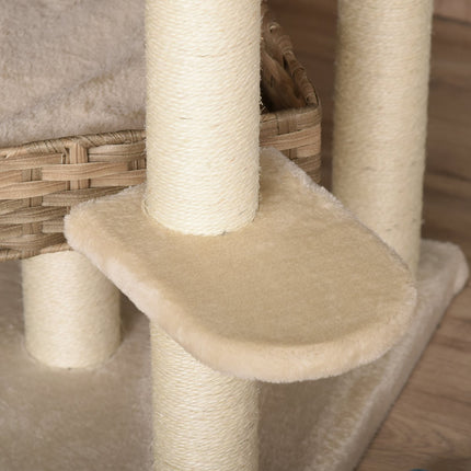 PAWROOM - Rattan -Raapimistolppa Kiipeilypuukissa Kissaluolalla Monikerroksinen Kissapuu E1 Mdf Sisal Beige+Ruskea 55 X 55 X 174 Cm