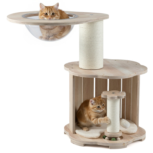 PAWROOM - 3-Tier Wood Cat Tree with Capsule and Scratch Posts