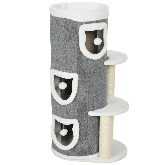 PAWROOM - Kissatorni 3-kerroksisella, sisalpylväillä, harmaa, 101 cm