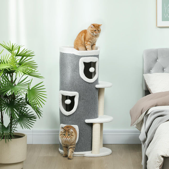 PAWROOM - Kissatorni 3-kerroksisella, sisalpylväillä, harmaa, 101 cm