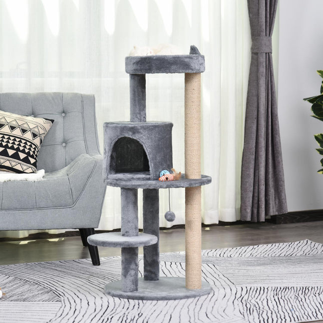 PAWROOM - Cat Tree 4-Tasoinen Kissaluola Leikkipalloilla, Ahven, Sisalpylväs, Raaputuslauta, Pehmo, Harmaa, 48X48X104Cm