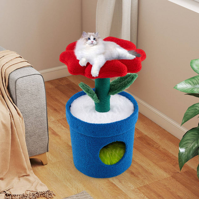 PAWROOM - Kissanpuu sisäkissoille, kukkapenkki, pehmustettu orri, punainen