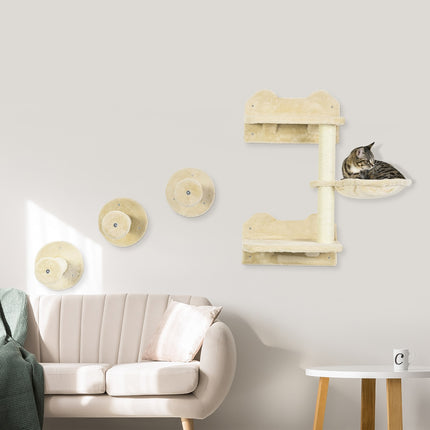 PAWROOM - Sukellustorni Ja 3 Raapimistolppaa, Kiipeilyseinä Riippumatolla, Beige + Kermanvalkoinen