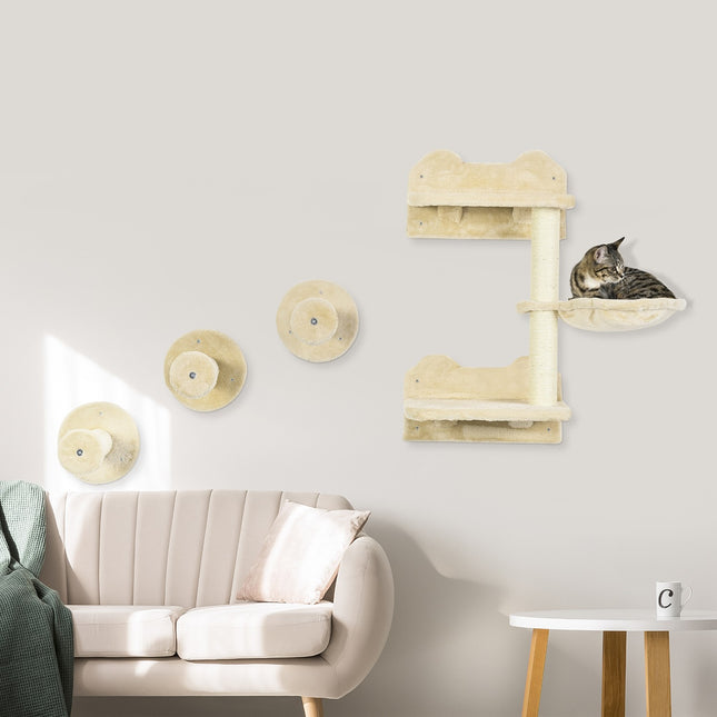 PAWROOM - Sukellustorni Ja 3 Raapimistolppaa, Kiipeilyseinä Riippumatolla, Beige + Kermanvalkoinen