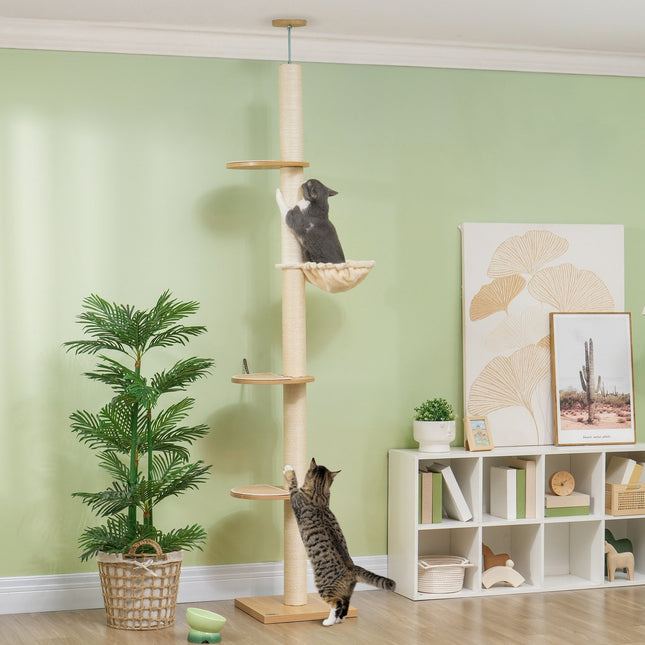PAWROOM - Raaputuspylväs, kissan raapimistolppa kattokorkea, 230-250 cm, kiipeilypuu riippumatolla, kissapuun korkeus säädettävissä, leikkipuu kärkisuojalla, pehmo, tammi + kermanvalkoinen