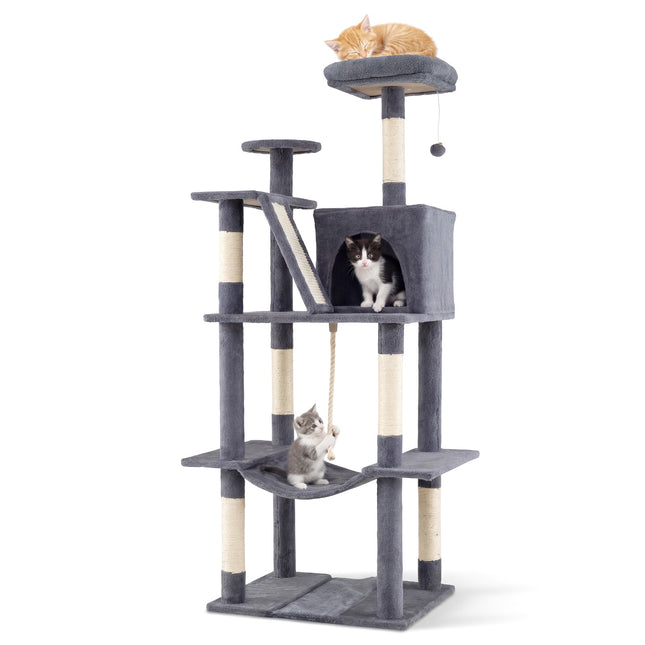 PAWROOM - Kissapuu 158 cm riippumatolla ja raapimapuilla, tummanharmaa