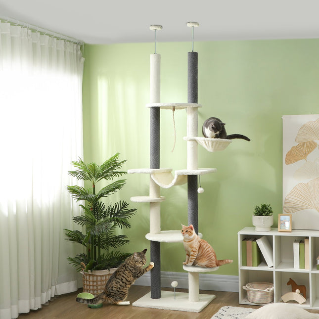 PAWROOM - Raaputuspylväs kattokorkea, kissapuu, 225-255 cm kissan raapimistolppa riippumatoilla, raapimistolpat, kori, leikkipallo, kissakalusteet kärjesuojalla, valkoinen