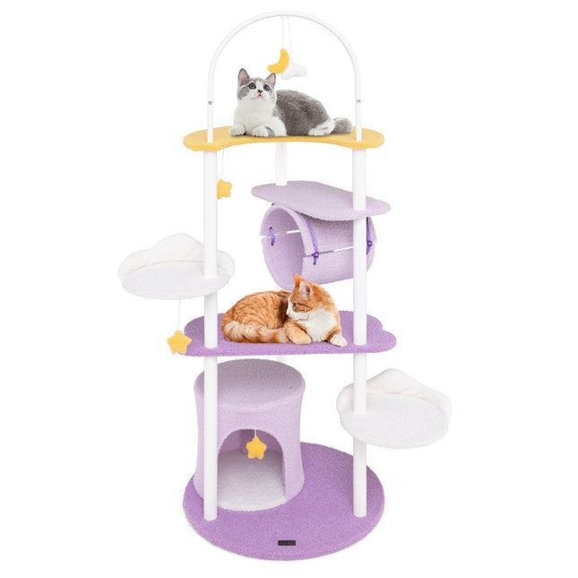 PAWROOM - Scratching post 158 cm cat tree with cat cave tunnel hanging toy & large moon-shaped lying surface purple + white