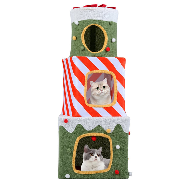 PAWROOM - Jouluinen kissapuu, jossa on 3 kodikasta taloa, 120 cm sisätiloihin