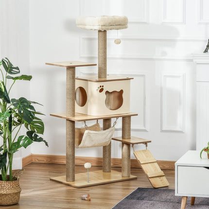 PAWROOM - Puinen raapimispuu, kissapuu kissoille, kiipeilypuu kissaluolalla, juuttirungot, leikkipallot, keltainen, 60x40x130cm