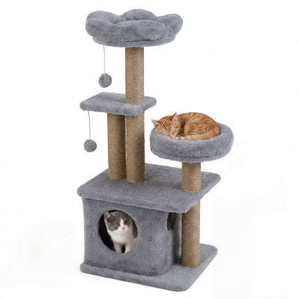 PAWROOM - 96 cm Cat Tree with Condo, Platform, Bed & Toys, Grey