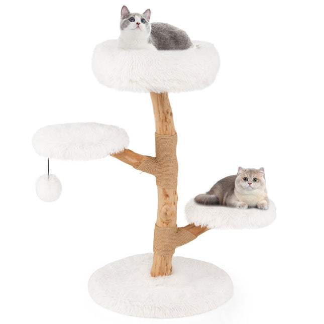PAWROOM - Cat Tree Tower, 90cm, Pear Wood, White, Multi-Level