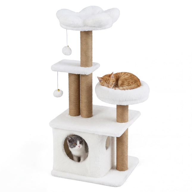 PAWROOM - Kissanpuu, jossa talo, taso, sänky ja pallot, 96 cm, beige