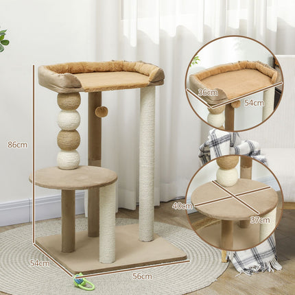 PAWROOM - Raapimispylväs 86 cm kissanpuu hyppytasolla, sänky, leikkipallo, kissan raapimispylväs juutista raapimistolppaa, kissoille 7 kg asti, kahvi