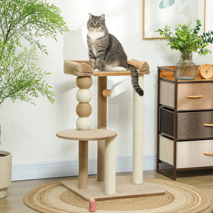 PAWROOM - Raapimispylväs 86 cm kissanpuu hyppytasolla, sänky, leikkipallo, kissan raapimispylväs juutista raapimistolppaa, kissoille 7 kg asti, kahvi