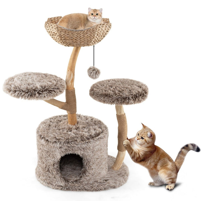 PAWROOM - Kissanpuukiipeilypuu luolalla, 105 cm, koivupuu, pehmoiset alustat