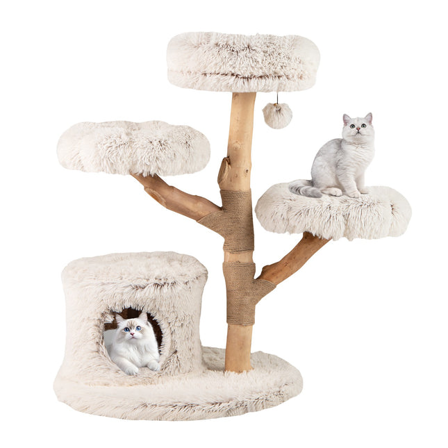 PAWROOM - Kissan kiipeilypuu massiivipuisella tolpalla ja pehmoisilla tasoilla, 102 cm