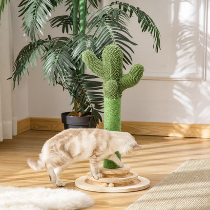 PAWROOM - Kissan Raaputuspylvään Kaktusmuotoilu, Mäntypuu & Sisalköysi, Puisella Pallolelulla, 60Cm, Vihreä+Luonnollinen