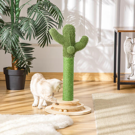 PAWROOM - Kissan Raaputuspylvään Kaktusmuotoilu, Mäntypuu & Sisalköysi, Puisella Pallolelulla, 60Cm, Vihreä+Luonnollinen