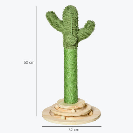 PAWROOM - Kissan Raaputuspylvään Kaktusmuotoilu, Mäntypuu & Sisalköysi, Puisella Pallolelulla, 60Cm, Vihreä+Luonnollinen
