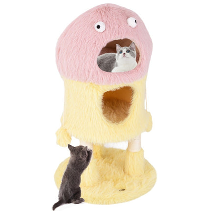 PAWROOM - Pieni raapimistolppa 93cm korkea hirviöteemainen kissapuu, jossa 2 kissaluolaa pinkki + keltainen