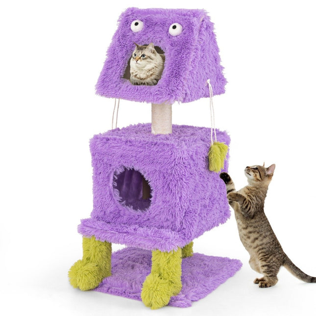 PAWROOM - Kissan raapimistolppa, pieni 111 cm hirviöteemainen kissapuu, jossa on 2 kissaluolaa ja irrotettava purppura