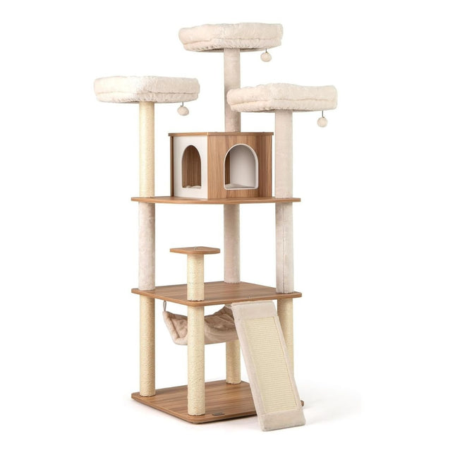 PAWROOM - 168cm Wooden Cat Tree with Hammock & Scratching Posts