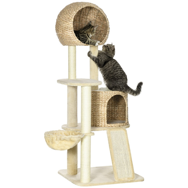 PAWROOM - Cat scratching post with rattan house and hammock, beige