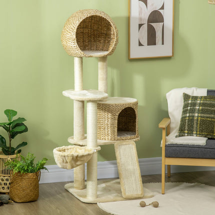 PAWROOM - Kissan raapimispylväs rottinkikissatalolla, useita tasoja, riippumatto ja ramppi, kaatumisenesto, pehmo, beige, 60 x 60 x 150 cm