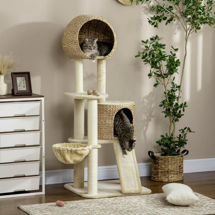 PAWROOM - Kissan raapimispylväs rottinkikissatalolla, useita tasoja, riippumatto ja ramppi, kaatumisenesto, pehmo, beige, 60 x 60 x 150 cm