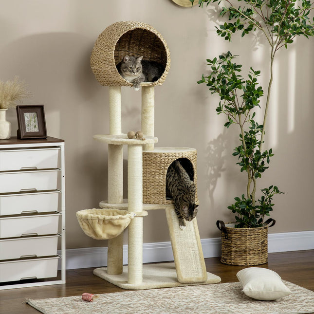 PAWROOM - Cat scratching post with rattan house and hammock, beige
