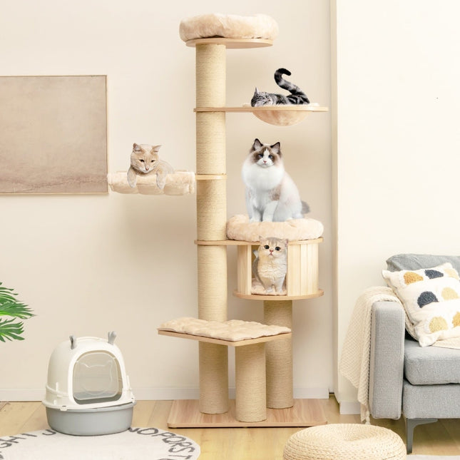 PAWROOM - 191 cm puinen kissanpuu riippumatolla ja luolalla