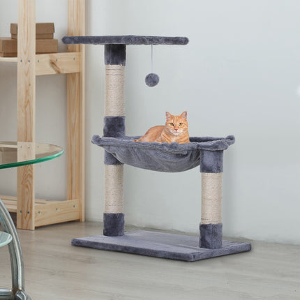PAWROOM - Kiipeilypuu, Harmaa Kissapuun Raapimispylväs, Sisalpilari Ja Pehmoriippumatto, 50X36X70Cm