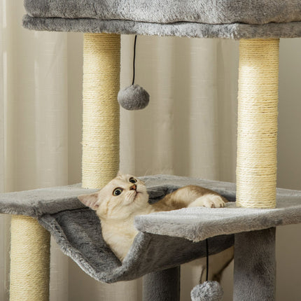 PAWROOM - Raapimapuu riippumatolla, piilopaikalla ja lepotasoilla, plyysi ja sisal, harmaa, 90 cm