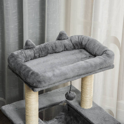 PAWROOM - Raapimapuu riippumatolla, piilopaikalla ja lepotasoilla, plyysi ja sisal, harmaa, 90 cm