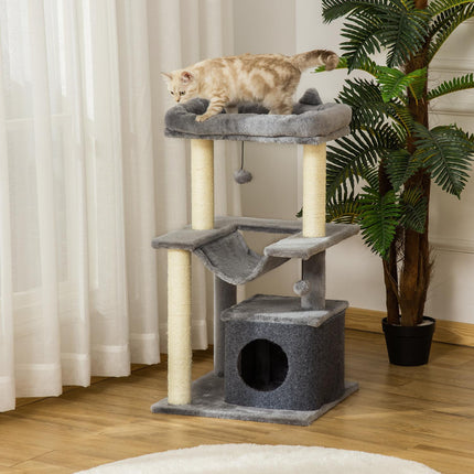 PAWROOM - Raapimapuu riippumatolla, piilopaikalla ja lepotasoilla, plyysi ja sisal, harmaa, 90 cm
