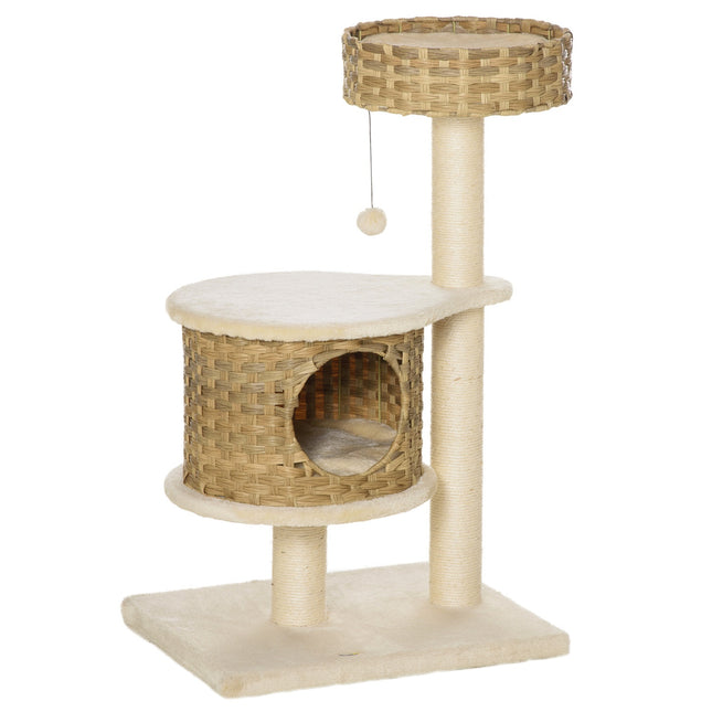PAWROOM - Cat tree with caves and sisal posts, natural rattan, 95 cm