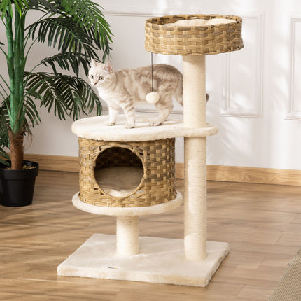 PAWROOM - Raaputuspylvään Rottinkikissapuu, Kiipeilypuu Kissaluola- Ja Sisalpylväillä, Leikkipallot, 95 Cm, Luonnollinen Sisal+Beige