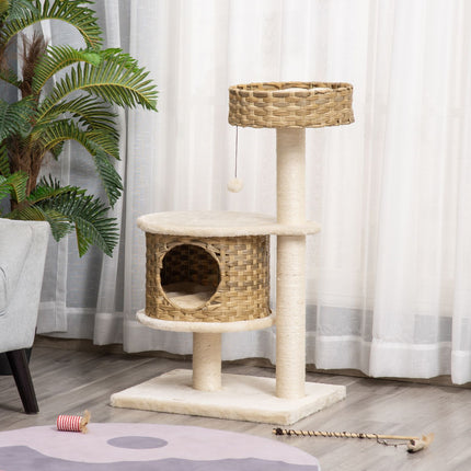 PAWROOM - Raaputuspylvään Rottinkikissapuu, Kiipeilypuu Kissaluola- Ja Sisalpylväillä, Leikkipallot, 95 Cm, Luonnollinen Sisal+Beige