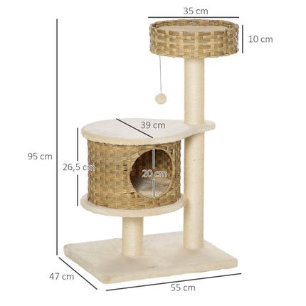 PAWROOM - Raaputuspylvään Rottinkikissapuu, Kiipeilypuu Kissaluola- Ja Sisalpylväillä, Leikkipallot, 95 Cm, Luonnollinen Sisal+Beige