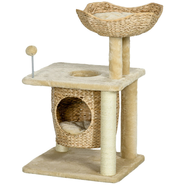 PAWROOM - Pieni kissan raapimispylväs, 74 cm kissapuu kissaluolalla, leikkipallo, sisäkiipeilytorni sängyllä, raapimiskalusteet kissoille enintään 5 kg, beige