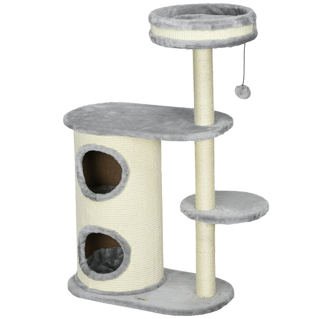 PAWROOM - Cat Scratching Tower: 2 Caves, Rope Posts, Plush, Gray