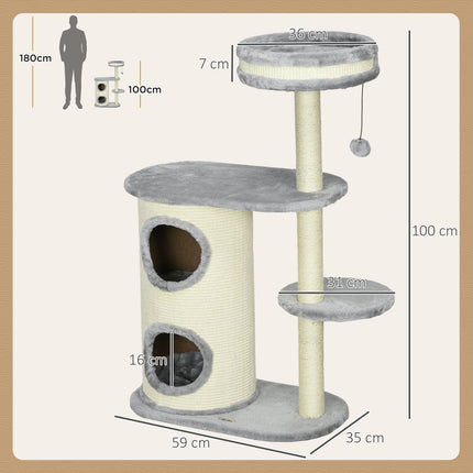 PAWROOM - Cat Scratching Tower: 2 Caves, Rope Posts, Plush, Gray