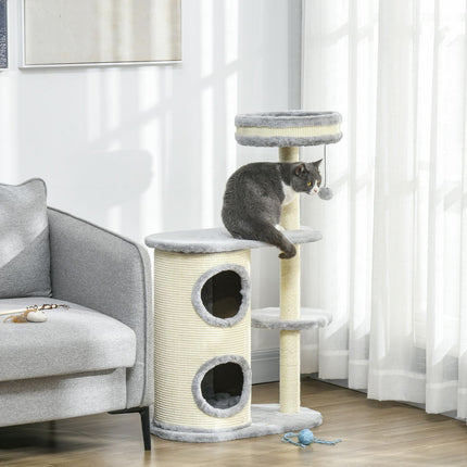 PAWROOM - Cat Scratching Tower: 2 Caves, Rope Posts, Plush, Gray