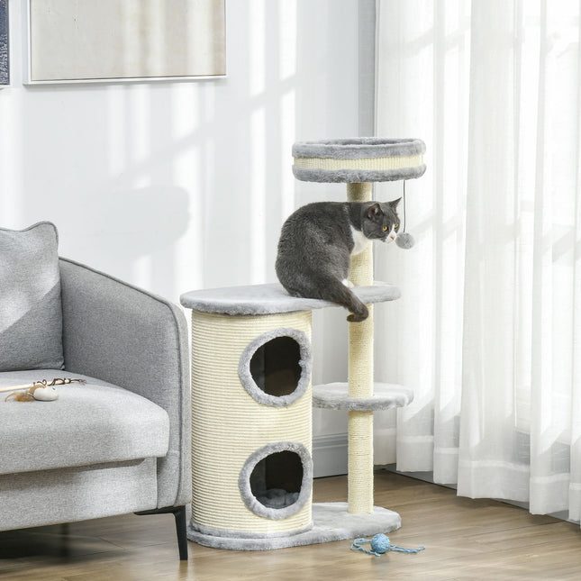 PAWROOM - Cat Scratching Tower: 2 Caves, Rope Posts, Plush, Gray