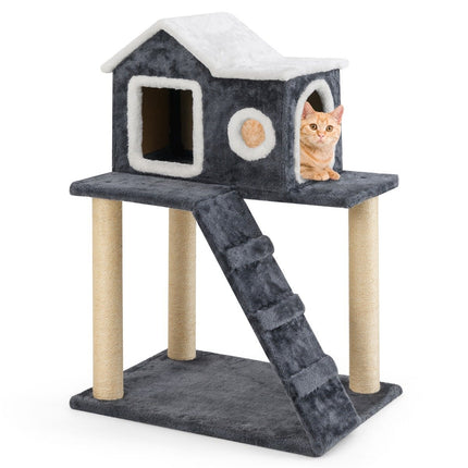 PAWROOM - 90 cm High Scratching Post with Large Cave & Ladder & Sisal Posts Cat Tree Climbing Tree Grey