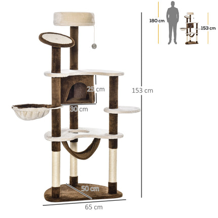 PAWROOM - XXL Multi-level cat tree with hammock and cave, brown